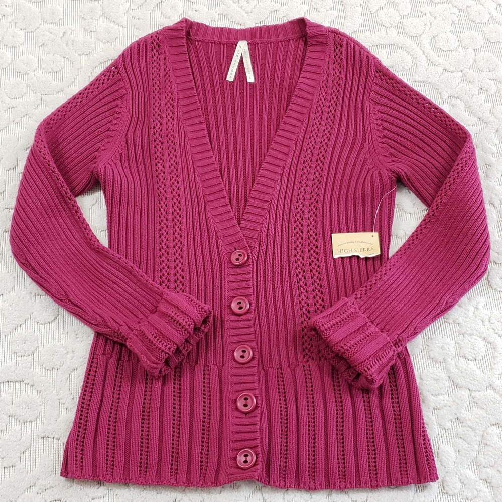 Magenta long knit button up cardigan